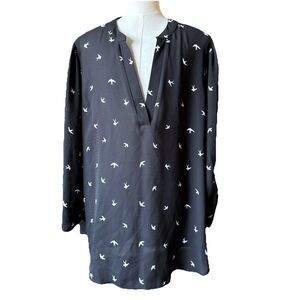 Zenobia Black Swallow Bird Print Blouse V-Neck Tunic Top Long Sleeve Women's XL